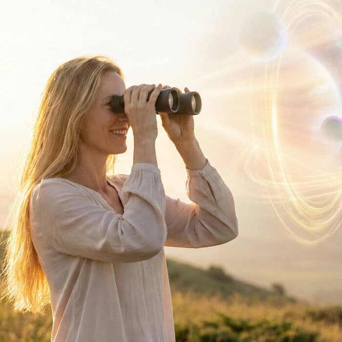 Jahreshoroskop - Frau mit Fernglas und Planeten im Hintergrund